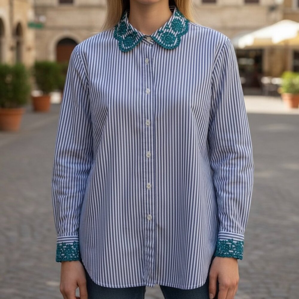 J Crew Blue Stripe Green Eyelet Collar Poplin Button Up Cotton Shirt size 6 Tall
